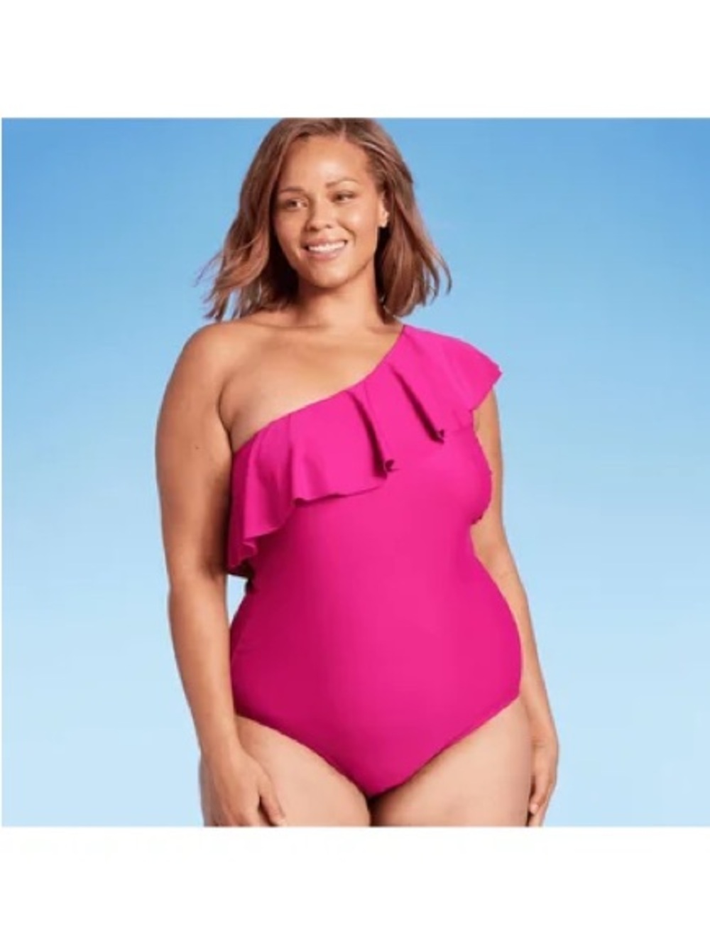 Kona Sol One-Shoulder Ruffle One-Piece Swimsuit - Hot Pink